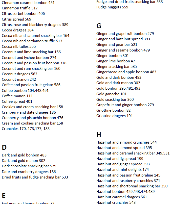 A sample page of the reorganised index: recipes listed alphabetically by their prime ingredient