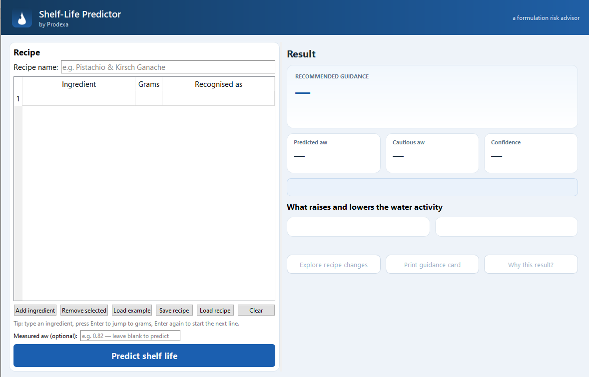 The Shelf-Life Predictor main screen with a recipe entered