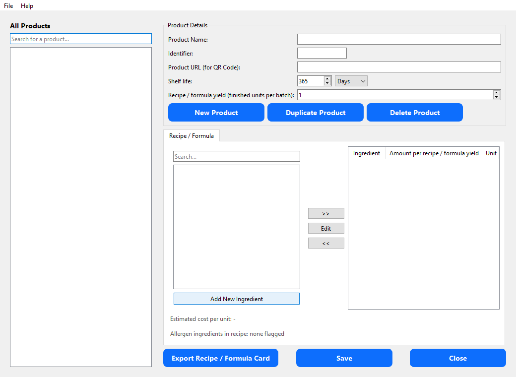 Recipes and formulas screen