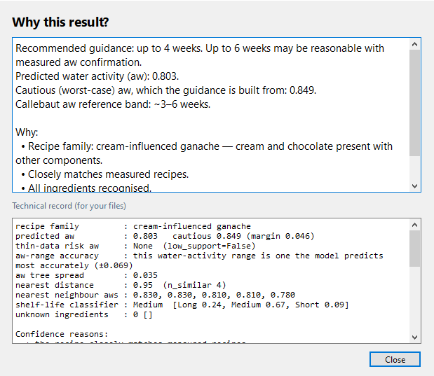 The Shelf-Life Predictor showing which ingredients raised or lowered the water activity of a ganache recipe